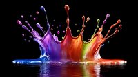 Vibrant multicolored liquid crown splash with purple, red, orange and yellow paint drops colliding on reflective black surface creating dynamic fluid art motion.