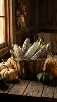 Autumn harvest display with colorful corn ears in wicker basket surrounded by pumpkins and gourds on rustic wooden table in cozy farmhouse kitchen setting.