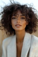 Young African American woman with natural curly hair wearing white blazer, soft natural makeup and confident expression against blurred background.