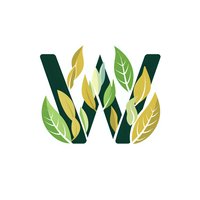 Letter W decorated with green and yellow leaves in modern eco style design, isolated on white background for natural branding and logo creation.