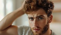 Young man with tousled auburn hair and beard running hand through hair, contemplative expression in warm indoor lighting.