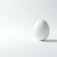 Single white egg on clean white background with soft shadow and minimalist composition for cooking and food photography projects.