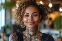 Young mixed-race woman with curly hair and neck tattoos smiling confidently in modern cafe setting with warm lighting and blurred background.