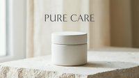 Minimalist white cosmetic jar on stone surface with neutral beige curtains and natural light, suitable for skincare, beauty product marketing, wellness branding, and cosmetics packaging design.