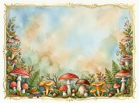 Watercolor forest frame with red mushrooms, ferns, acorns, and berries on a soft sky background with golden border and copy space.