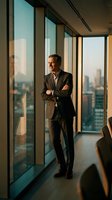 Confident middle-aged Caucasian businessman in dark suit stands arms crossed by floor-to-ceiling windows with city skyline at sunset.