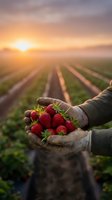 Farmer hands holding fresh ripe strawberries at sunrise in agricultural field with golden sunlight and morning mist creating warm atmospheric farming scene.