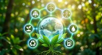 Green energy concept with Earth globe sprouting from plant surrounded by renewable power icons on natural bokeh background for sustainability campaigns.