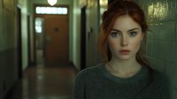 Young woman with red hair and green eyes in gray sweater standing in dark moody corridor with dramatic cinematic lighting and teal color grading.