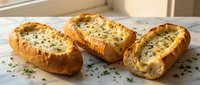 Three golden baked garlic bread boats with melted cheese and herbs on white surface, perfect for restaurant menus and food photography projects.