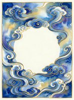 Ornate blue and gold cloud frame with swirling patterns and white center space for text or design elements on watercolor background.