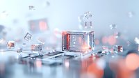 Futuristic abstract composition with transparent cubes floating in space, soft coral and blue tones create dreamy atmosphere for technology concepts.