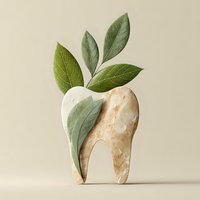 Natural dental care concept with wooden tooth and green leaves on neutral background for holistic health and eco-friendly dentistry practices.