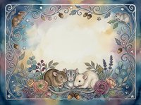 Whimsical watercolor frame with adorable rabbits, floral elements and decorative swirls on pastel background for greeting cards and invitations.