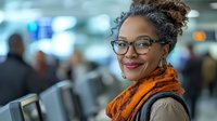 African American businesswoman with glasses and curly hair in orange scarf smiling confidently in office environment, professional corporate portrait with blurred background.