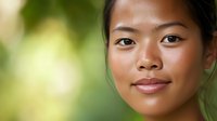 Young Asian woman with natural makeup smiling confidently against blurred green background, radiating warmth and authenticity in professional portrait.