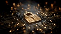 Golden padlock symbol on circuit board with glowing connections representing cybersecurity, data protection and digital security technology concepts.