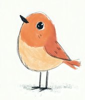 Cute orange and peach colored round bird with big eye drawn in simple brush strokes on white background, suitable for children's book illustration and greeting cards.