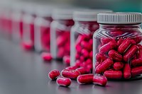 Bright red pharmaceutical capsules spilling from clear plastic bottle, with multiple medication containers in background, shallow depth of field medical concept.