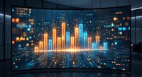 Futuristic holographic data visualization displaying glowing orange and blue bar charts with digital grid patterns in modern tech environment for business analytics.