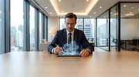 Mature male professional in dark business suit and tie working at wooden desk in modern high-rise office with city skyline views, analyzing digital brain icon representing artificial intelligence and innovation.