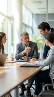 Mature male executive of mixed ethnicity leading business meeting with three colleagues in modern office conference room with natural light and glass windows.
