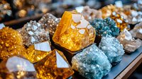 Vibrant collection of natural crystals and minerals featuring amber citrine, blue topaz, and raw quartz specimens with glowing facets and geometric formations.