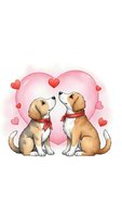 Two adorable beagle puppies with red bandanas sitting together surrounded by pink hearts on white background for Valentine's Day greeting cards and romantic designs.