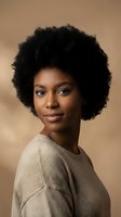 Young African American woman with natural afro hairstyle wearing beige sweater against warm neutral background for lifestyle and beauty concepts.