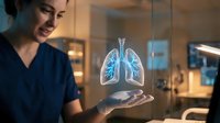 Female healthcare professional examining holographic lung anatomy model in modern medical facility for respiratory system education and diagnosis.