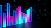 Glowing neon bar chart with vibrant blue, purple and pink gradient colors on dark background for business analytics and data visualization presentations.