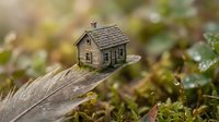 Miniature wooden house model resting on feather in natural moss garden setting with soft bokeh background for eco-friendly real estate concepts.