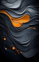 Abstract wavy layers in dark gray and black tones with vibrant orange accent creating dynamic fluid motion pattern against deep background. Modern wall art design.