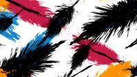 Artistic feather pattern with dynamic black silhouettes against vibrant pink, blue and orange paint splash strokes on white background. Modern abstract design.