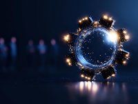 Circular panorama of illuminated city skyline transformed into tiny planet effect with glowing lights and starry sky, creating magical night atmosphere.