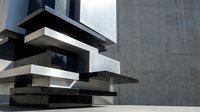 Contemporary architectural structure with stacked geometric forms in black and white, featuring bold horizontal lines and modern design elements for architecture and design projects.