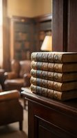 Stack of antique leather-bound books with ornate spines displayed on wooden furniture in a classic library setting with warm lighting and blurred bookcase background.