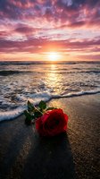 Red rose on sandy beach at sunset with dramatic pink and orange sky reflecting on ocean waves for romantic and memorial concepts.