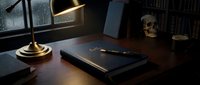 Dark moody writer desk with leather journal, brass lamp, skull decor, and rainy window, evoking mystery, creativity, and gothic atmosphere.