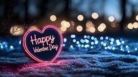 Glowing neon heart with Valentine's Day message on snowy ground against blurred bokeh lights creating romantic winter atmosphere for holiday celebration.