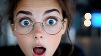 Young woman with round glasses and surprised expression, bright blue eyes wide open and mouth agape, close-up portrait with soft bokeh background.