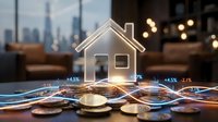 Holographic house model with financial data overlay and coins on desk, representing real estate investment, property valuation, and digital home technology solutions.