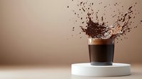 Dynamic splash of coffee powder exploding from glass cup on white pedestal against brown background, creating dramatic beverage photography effect.