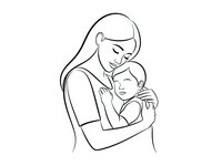 Tender mother holding newborn baby in loving embrace, continuous line art drawing on white background for motherhood and parenting designs.