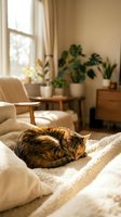 Tabby cat sleeping peacefully on cozy bed in warm sunlit living room with houseplants and modern furniture creating serene domestic atmosphere.