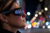Young Caucasian woman wearing sunglasses at night with city lights reflection in lenses, profile view against urban bokeh background showing nightlife atmosphere.