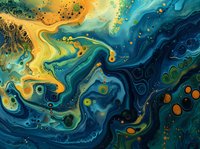 Abstract fluid art with swirling patterns of blue, gold, and green creating a cosmic ocean effect. Vibrant marbled texture for luxury design backgrounds.