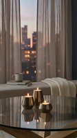 Cozy evening interior with candles on glass table, city view through window, warm ambient lighting for relaxation and home decor concepts.
