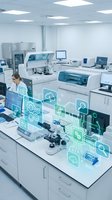 Modern laboratory with digital technology overlay showing AI automation and data analysis in medical research facility with female scientist working.