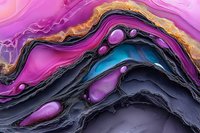 Abstract fluid art background with vibrant pink, blue and gold waves creating dynamic marble effect. Luxury modern design with flowing layers and organic shapes.